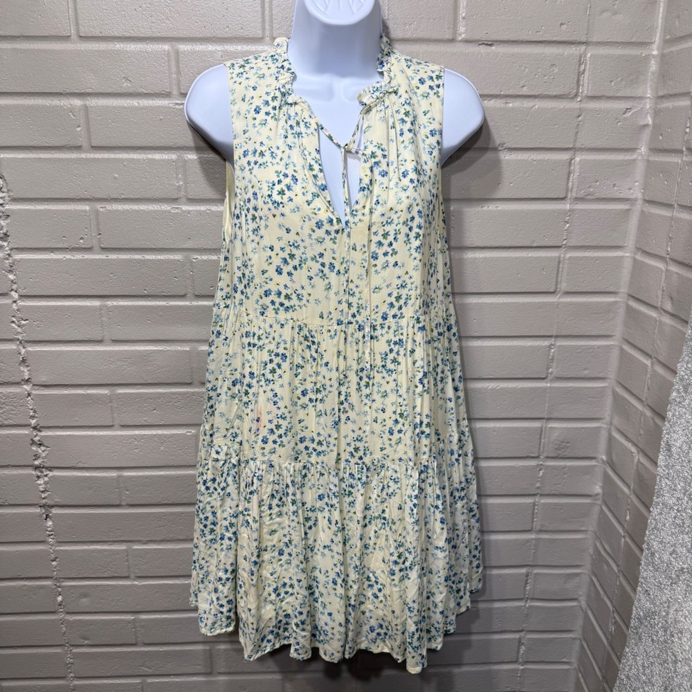 AQUA Yellow Blue Floral Tiered Mini Dress Ruffle Tie Neck Sleeveless Small Flaw - Picture 2 of 14